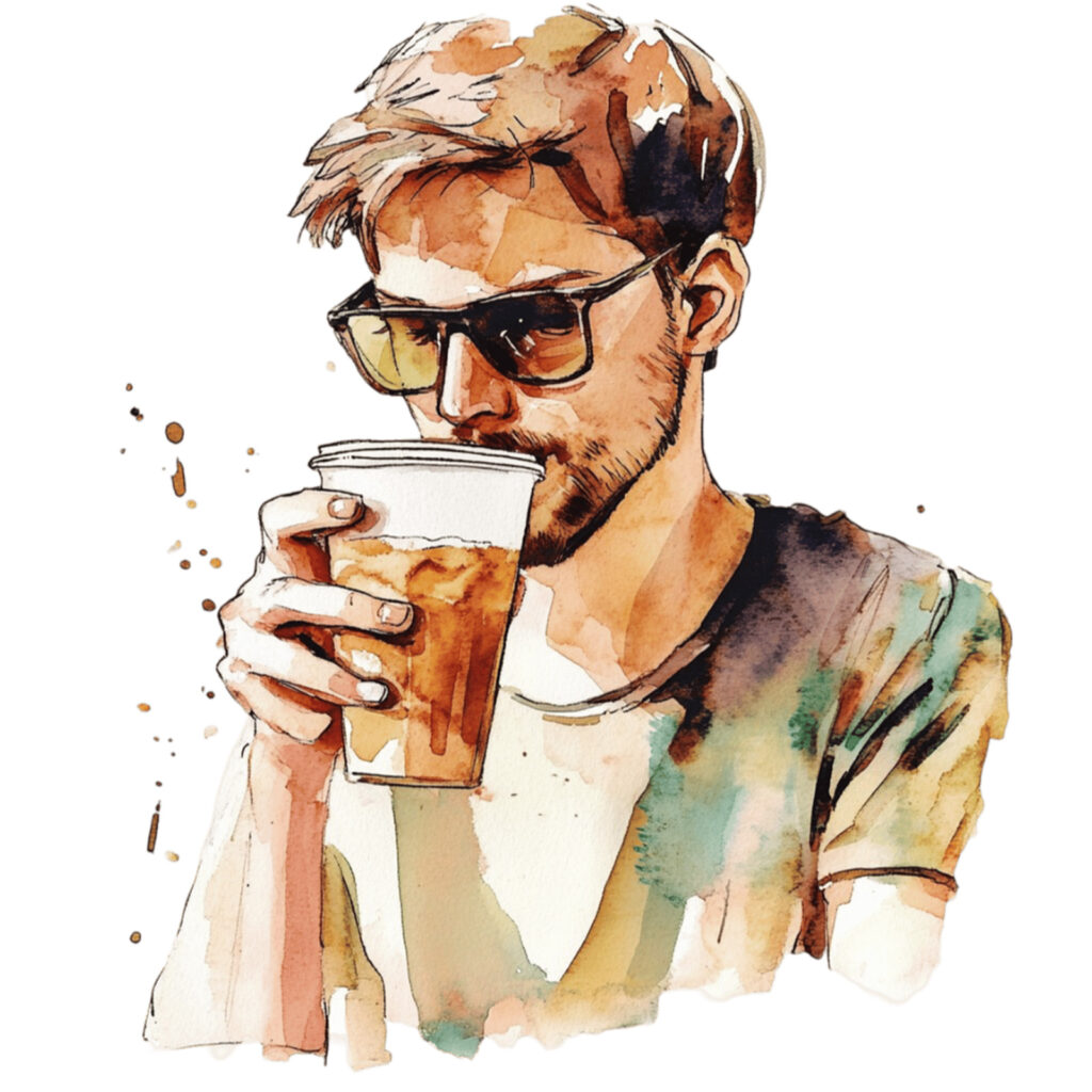 man drinking iced coffee